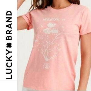 Lucky Brand Pink & White Tree and Birds Guitar Woodstock Tee Size Small